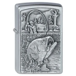 Bass Fishing Fisherman Emblem Zippo Lighter In Brushed Chrome 2000407