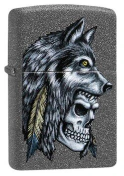 Wolf Skull Feather Design Zippo Lighter In Iron Stone 29863