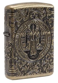 St Benedict Medal Zippo Lighter In Armor Antique Brass - Constantine Zippo
