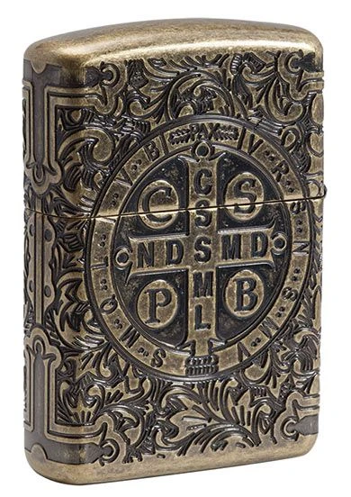 St Benedict Medal Zippo Lighter In Armor Antique Brass - Constantine Zippo 4 St Benedict Medal Zippo Lighter In Armor Antique Brass - Constantine Zippo - Image 2